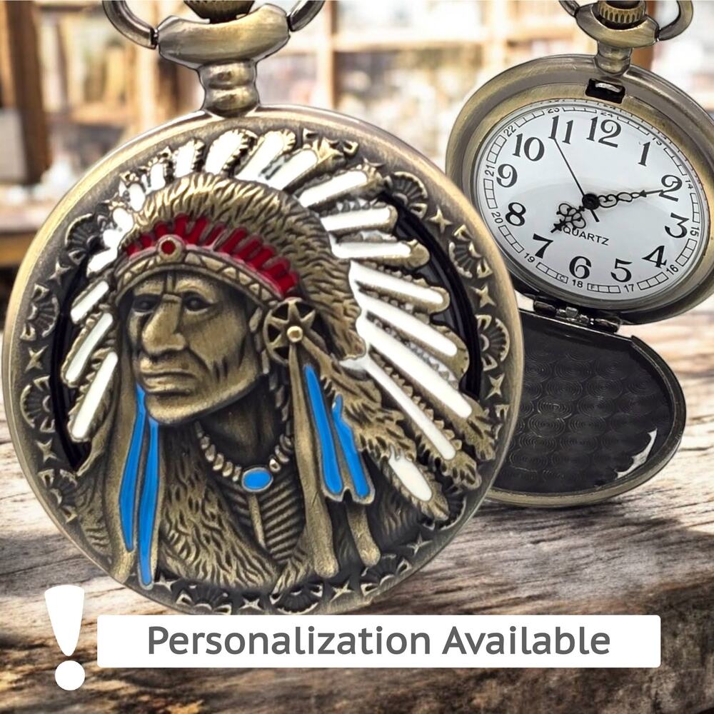 Tribal Chief Pocket Watch - Native American Art, Indian Motorcycle Gift Keepsake